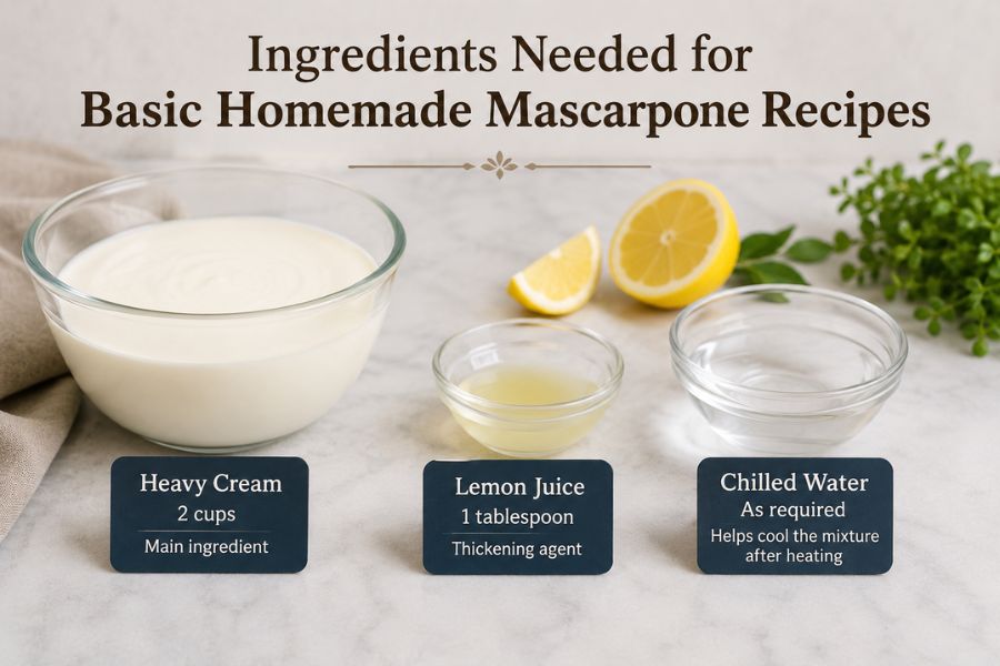 Ingredients for homemade mascarpone recipes with heavy cream, lemon juice, and chilled water.
