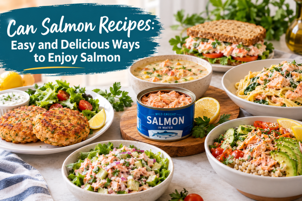 Can salmon recipes with salmon patties, salad, pasta, rice bowl, sandwich, and chowder