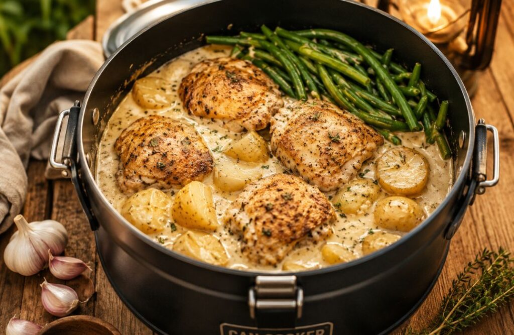 Best can cooker recipes featuring creamy garlic chicken with potatoes and green beans.