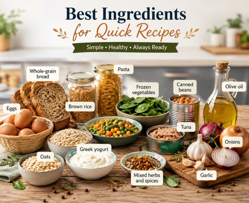 Kitchen pantry essentials for quick recipes, including eggs, whole-grain bread, brown rice, pasta, frozen vegetables, spinach, Greek yogurt, oats, canned beans, tuna, olive oil, garlic, onions, and mixed herbs.