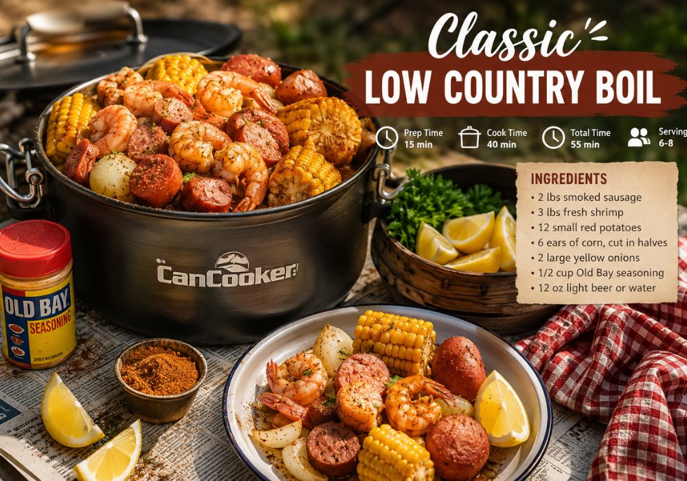 Classic Low Country Boil recipe made in a CanCooker with shrimp, smoked sausage, corn, red potatoes, onions, and Old Bay seasoning