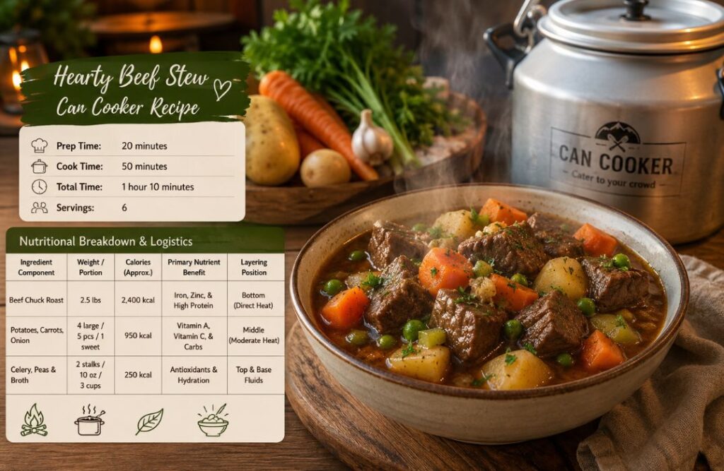 Hearty beef stew made in a can cooker with tender beef, carrots, potatoes, peas, and rich broth served in a rustic bowl.