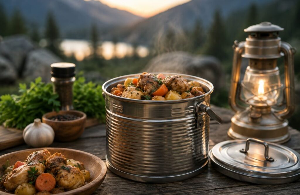 Steaming can cooker recipe with chicken, potatoes, and vegetables at an outdoor campsite during sunset.