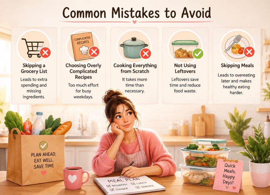 Common mistakes to avoid when cooking quick and healthy meals, including meal planning and grocery shopping tips.
