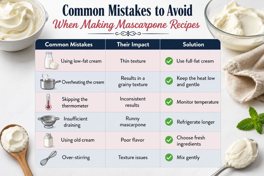 Common mistakes to avoid when making homemade mascarpone recipes including overheating cream, using low-fat cream, and over-stirring.