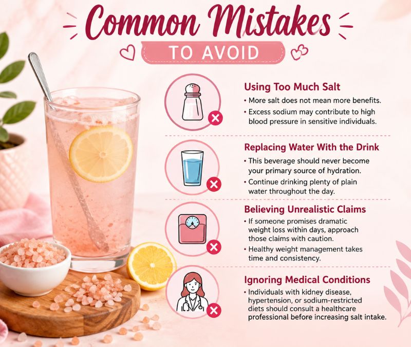 Infographic showing common mistakes to avoid when using a pink salt drink, including using too much salt, replacing water with the drink, believing unrealistic weight loss claims, and ignoring medical conditions.