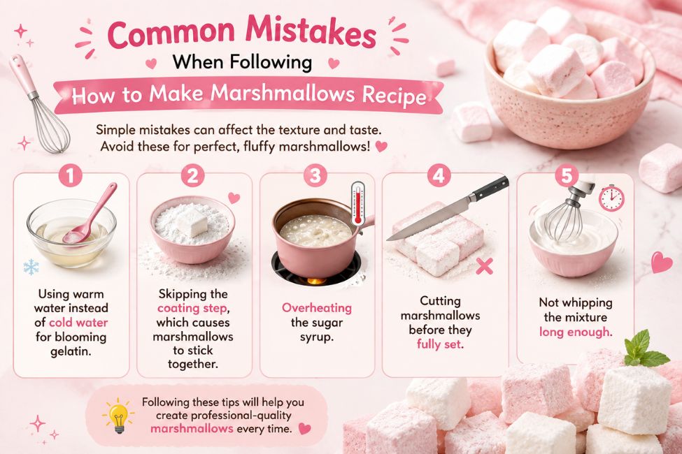 Common mistakes to avoid when making homemade marshmallows, including blooming gelatin, sugar syrup, whipping, coating, and cutting tips.