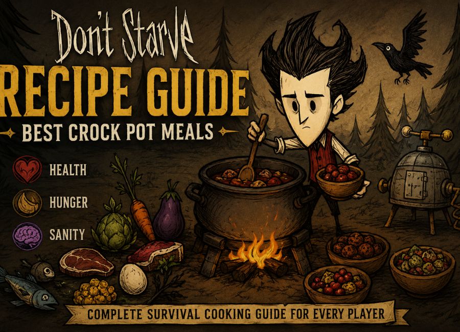 Don't Starve Recipe guide featuring Crock Pot meals, survival cooking ingredients, and food recipes.