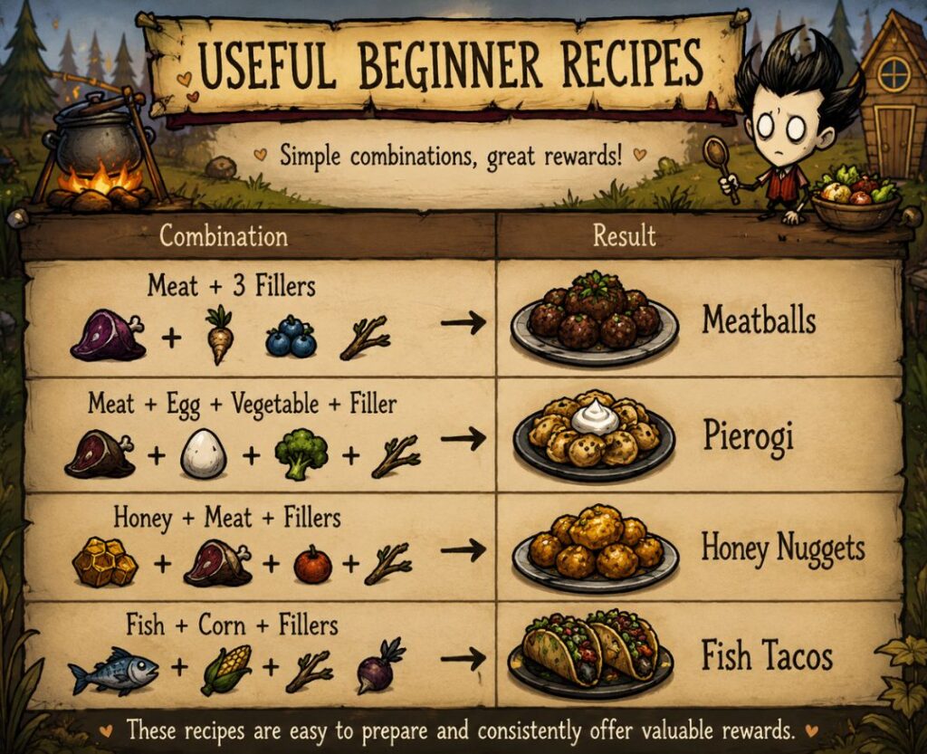 Illustrated chart of useful beginner recipes in Don't Starve showing ingredient combinations for Meatballs, Pierogi, Honey Nuggets, and Fish Tacos.
