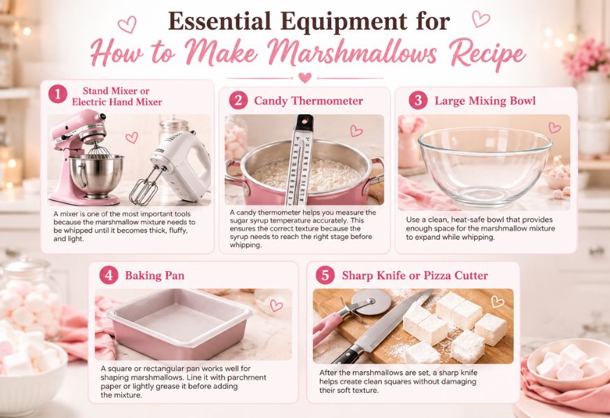 Essential marshmallow-making equipment including a stand mixer, candy thermometer, mixing bowl, baking pan, and knife arranged in a pastel kitchen-themed infographic.