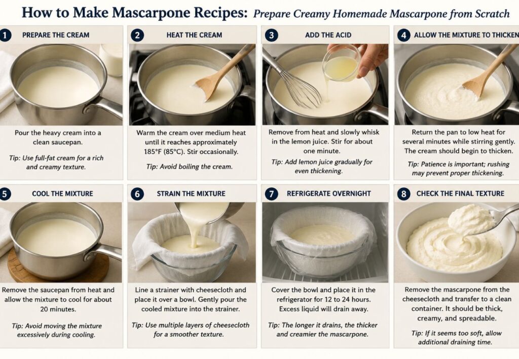 How to make mascarpone recipes step-by-step infographic showing homemade mascarpone preparation from heating cream to straining and chilling for a rich, creamy texture.