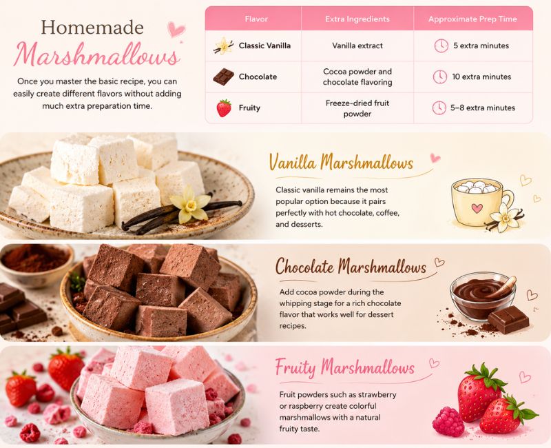 Homemade marshmallow recipe flavors including vanilla, chocolate, and fruity marshmallows with ingredients and preparation time comparison chart.