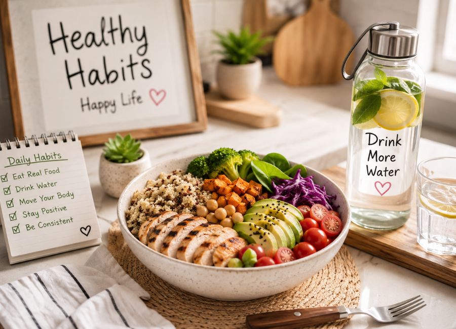 Healthy habits for quick recipes for busy people with lean protein, colorful vegetables, whole grains, and water.