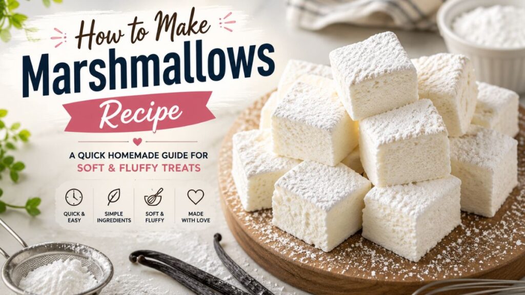 Homemade marshmallows recipe with soft fluffy white marshmallow cubes dusted with powdered sugar on a wooden board.