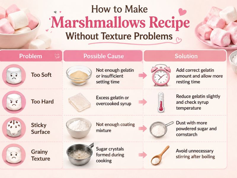 How to Make Marshmallows Recipe texture troubleshooting guide with common problems, causes, and solutions.