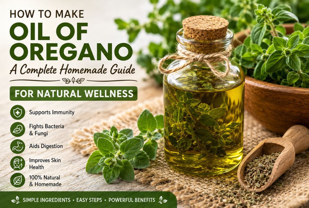 Homemade oil of oregano in a glass bottle with fresh oregano leaves, representing a natural herbal remedy for immunity, digestion, and overall wellness.