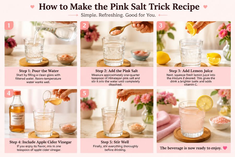 How to make the pink salt trick recipe with water, Himalayan pink salt, lemon juice, and apple cider vinegar.