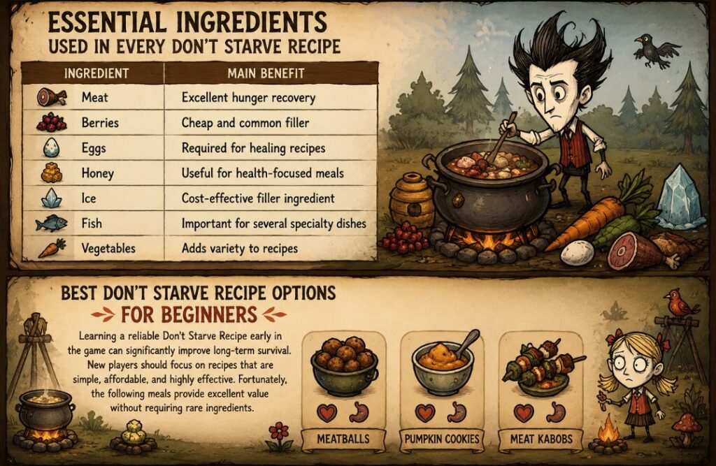 Don't Starve recipe infographic showing essential cooking ingredients and the best beginner recipes for survival.
