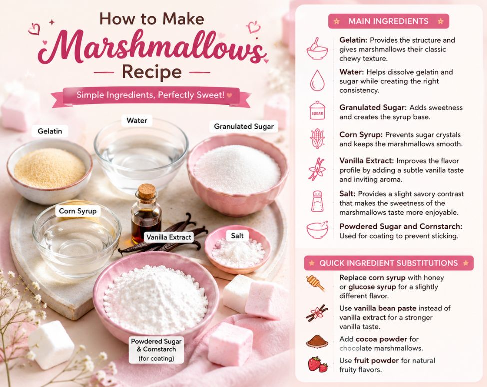 Homemade marshmallow ingredients including gelatin, sugar, corn syrup, vanilla extract, salt, water, and powdered sugar with cornstarch for an easy marshmallow recipe.