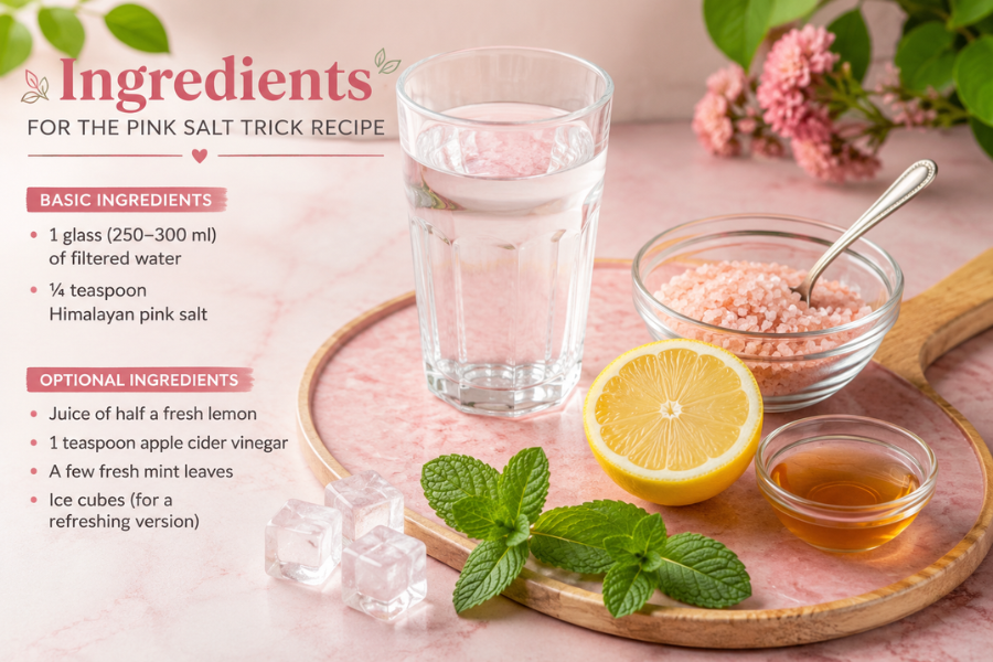 Pink salt trick recipe ingredients including water, Himalayan pink salt, lemon, apple cider vinegar, fresh mint, and ice cubes.