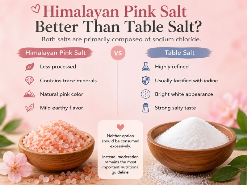 Comparison of Himalayan pink salt and table salt showing differences in processing, minerals, color, flavor, and a reminder to consume both in moderation.