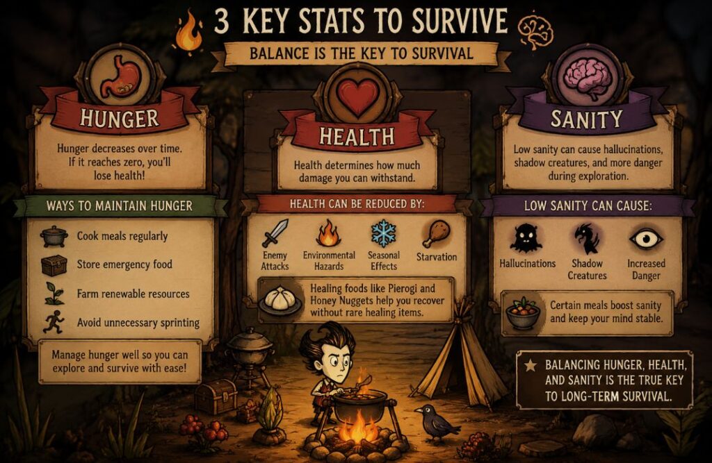 Don't Starve recipe guide showing Hunger, Health, and Sanity survival stats with cooking and food management tips.