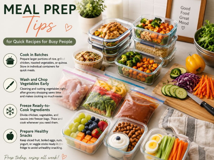Healthy meal prep containers with grilled chicken, roasted vegetables, quinoa, fresh snacks, and freezer-ready ingredients for quick recipes for busy people.
