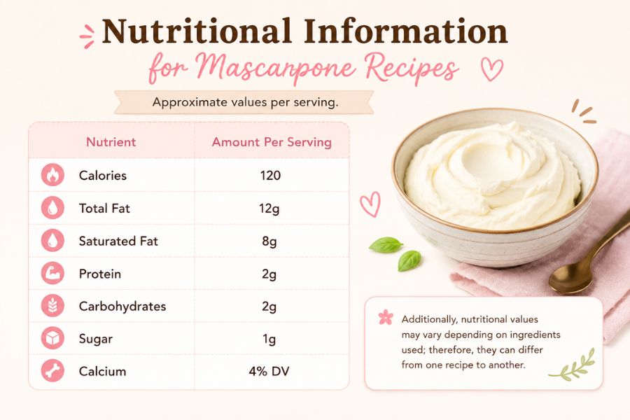 Homemade mascarpone recipes nutritional information with calories, fat, protein, carbohydrates, sugar, and calcium.