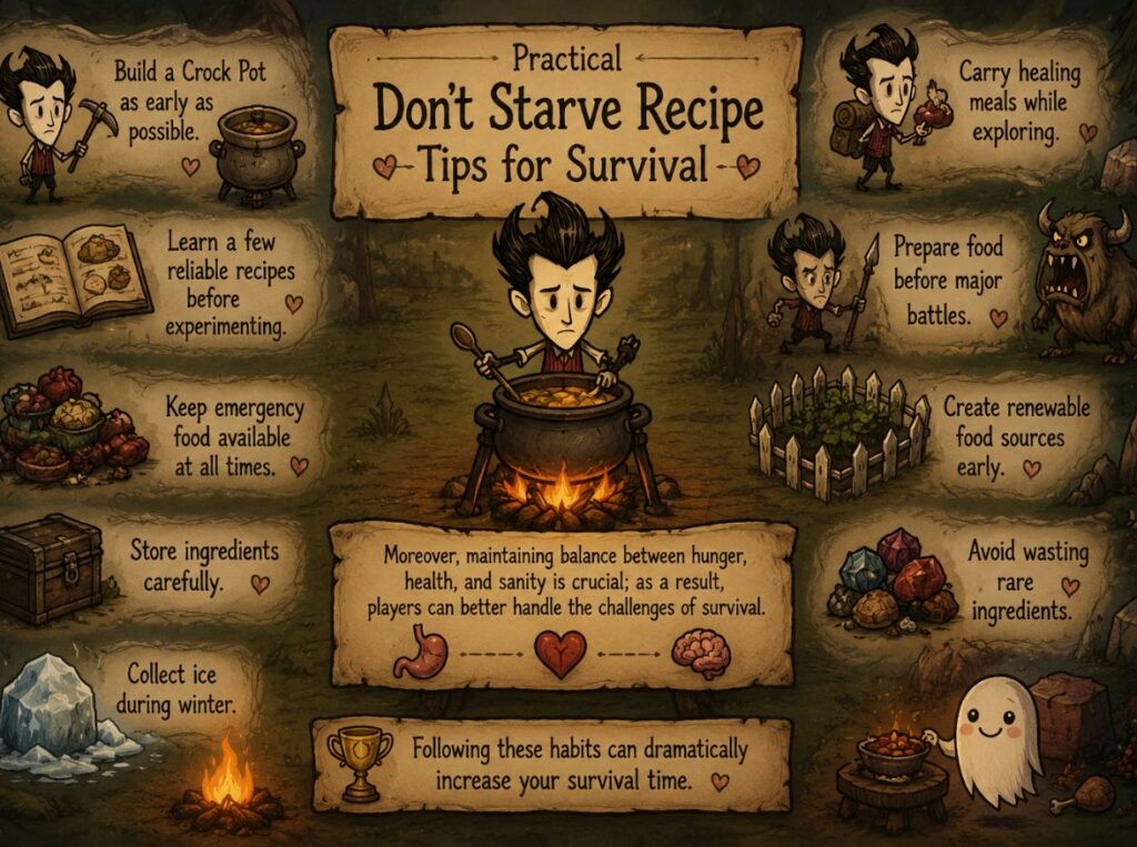 Practical Don't Starve recipe survival tips with Crock Pot, healing food, winter ice, and resource management illustration.