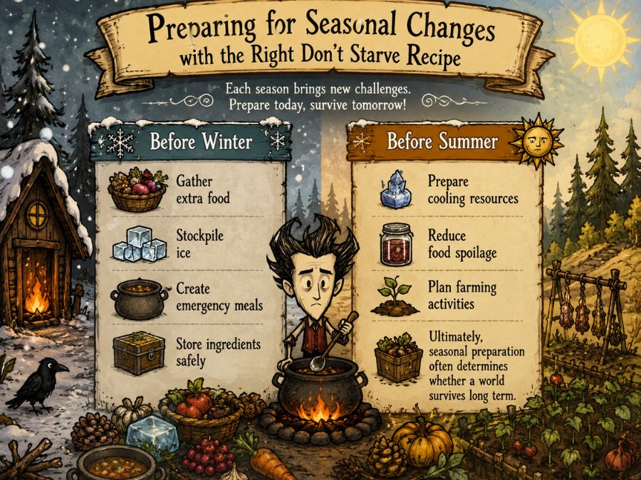 Don't Starve Together seasonal survival guide showing winter and summer preparation tips, including food storage, emergency meals, cooling resources, and farming plans in a hand-drawn survival style.