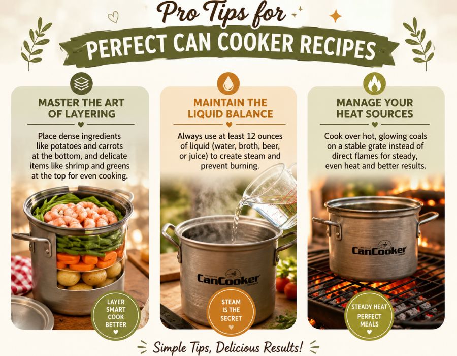 Can Cooker recipes pro tips infographic showing ingredient layering, liquid balance, and proper heat management for perfect cooking.