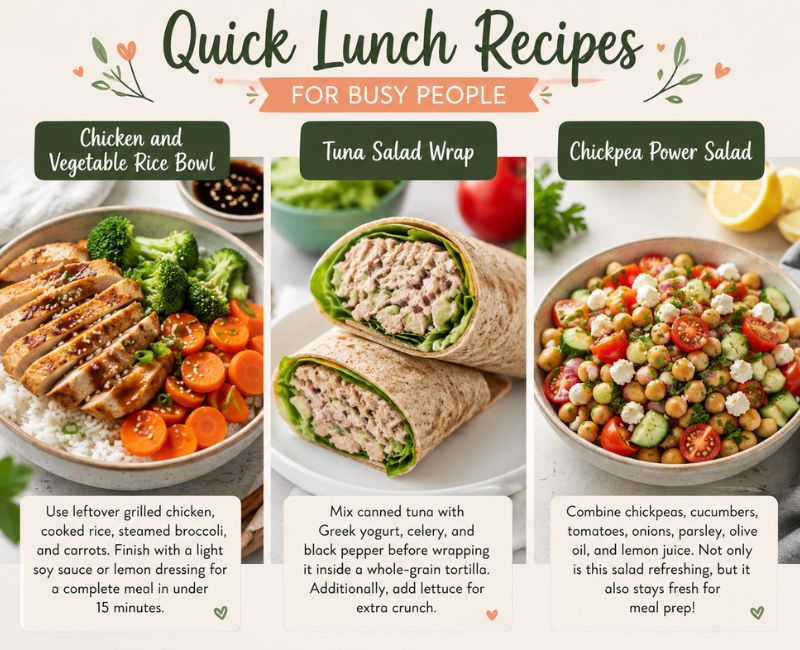 Quick recipes for busy people with easy lunch ideas including a chicken rice bowl, tuna salad wrap, and chickpea power salad.