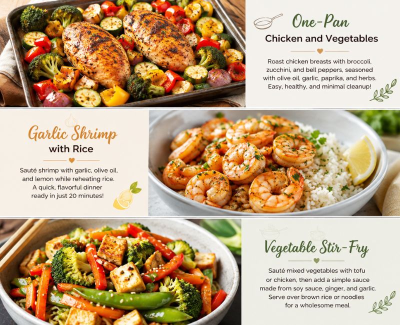 Quick recipes for busy people with healthy dinner ideas including one-pan chicken, garlic shrimp with rice, and vegetable stir-fry.