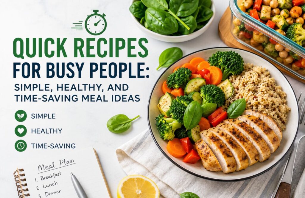 Quick Recipes for Busy People featuring a healthy grilled chicken meal with vegetables, quinoa, and meal prep containers for fast and nutritious home cooking.