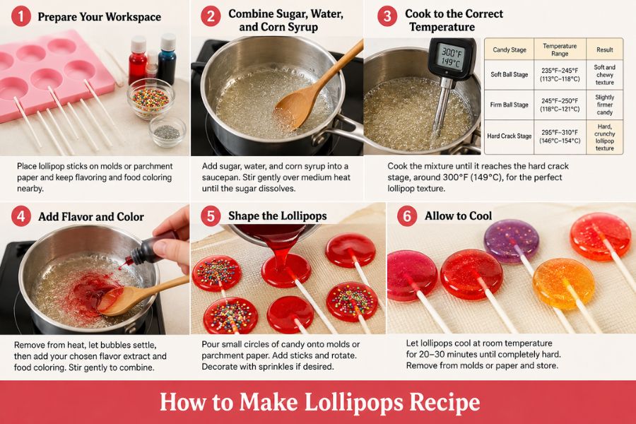 How to make lollipops recipe step by step with sugar mixture, candy cooking, shaping, and cooling process