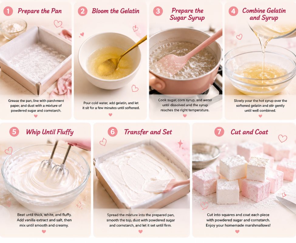 Homemade marshmallows recipe step-by-step process from preparing the pan to cutting soft fluffy marshmallows.