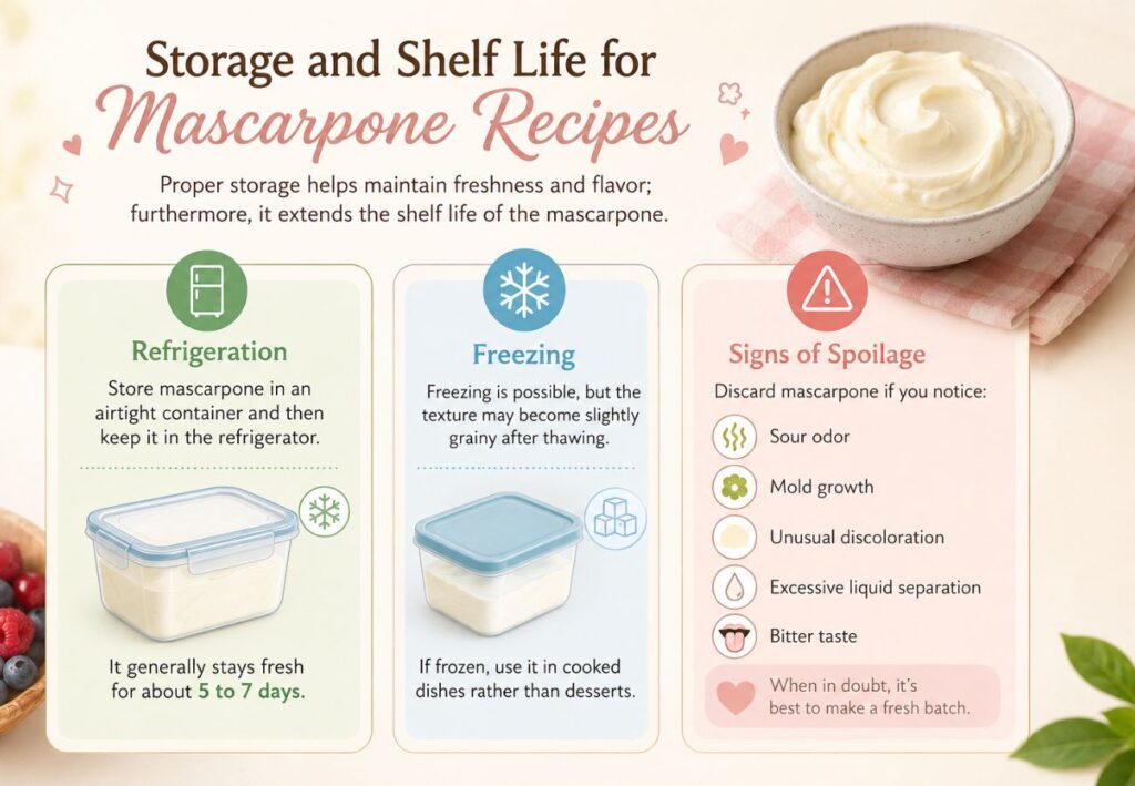 Alt Text:
Storage and shelf life guide for mascarpone recipes showing refrigeration, freezing, and spoilage signs with a bowl of creamy mascarpone, an airtight container, freezer icon, and food safety illustrations in a soft pastel kitchen-themed design.