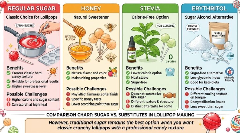 Sugar vs substitutes in lollipop making comparison chart