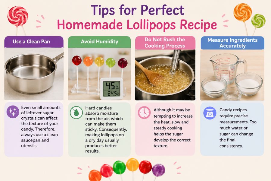 Alt Text: Tips for making perfect homemade lollipops recipe with candy tools and ingredients.