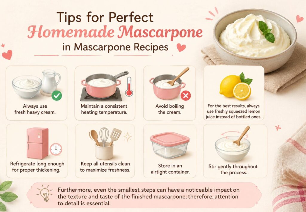 Tips for making perfect homemade mascarpone with fresh cream, lemon juice, proper heating, refrigeration, clean utensils, airtight storage, and gentle stirring.