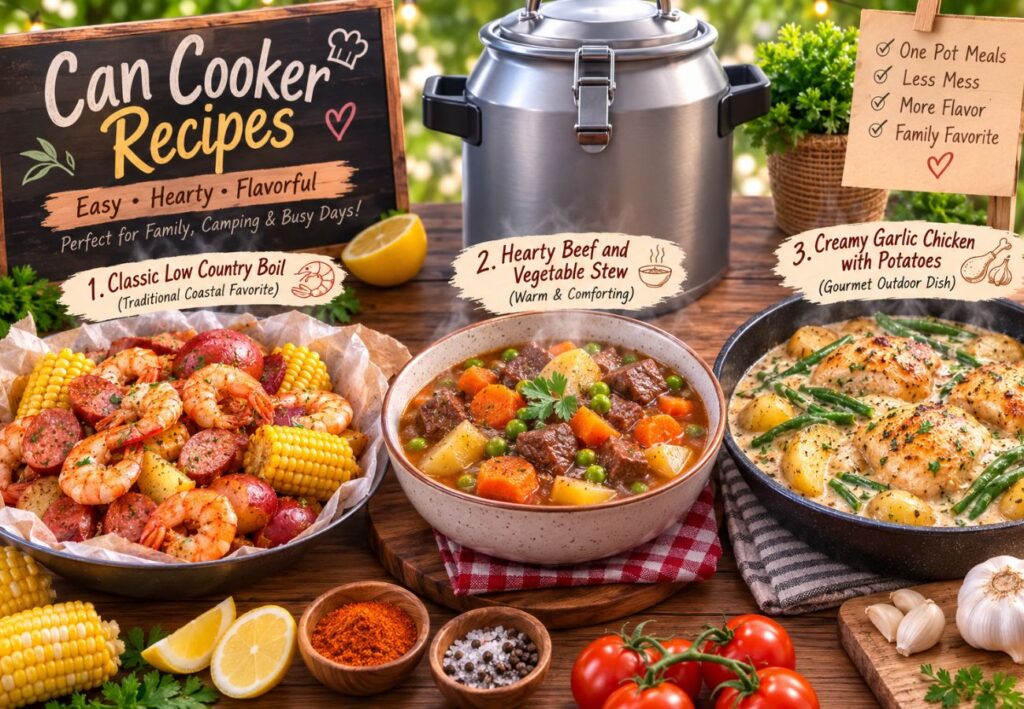 Can cooker recipes featuring classic low country boil, hearty beef and vegetable stew, and creamy garlic chicken with potatoes.