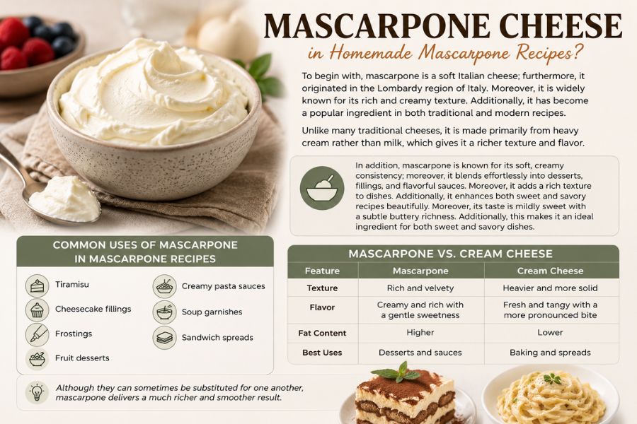 What is mascarpone cheese in homemade mascarpone recipes with common uses and mascarpone vs cream cheese comparison.