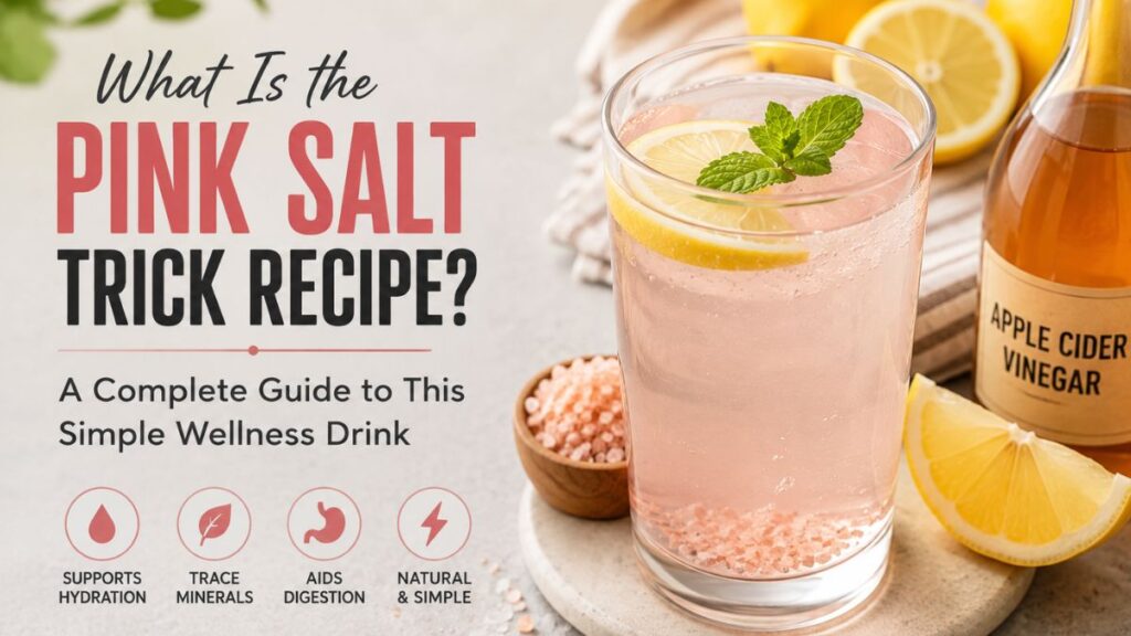 Glass of Himalayan pink salt water with lemon, apple cider vinegar, and mint for the pink salt trick recipe wellness drink.