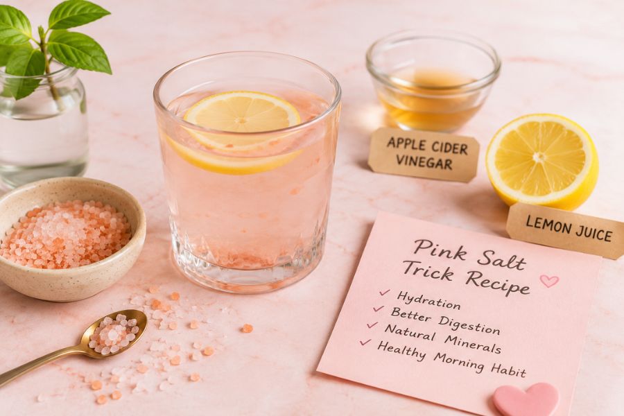 Himalayan pink salt drink with lemon and apple cider vinegar in a glass.