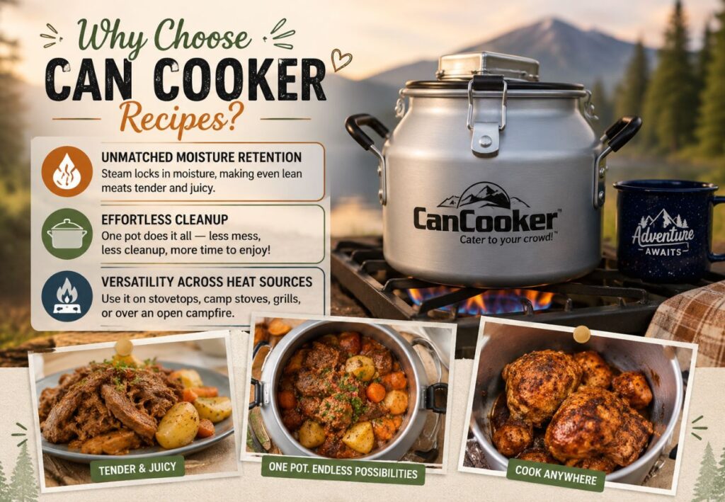 Can Cooker recipes infographic showing one-pot cooking, juicy meat, easy cleanup, and versatile cooking on camp stoves, grills, stovetops, and campfires.