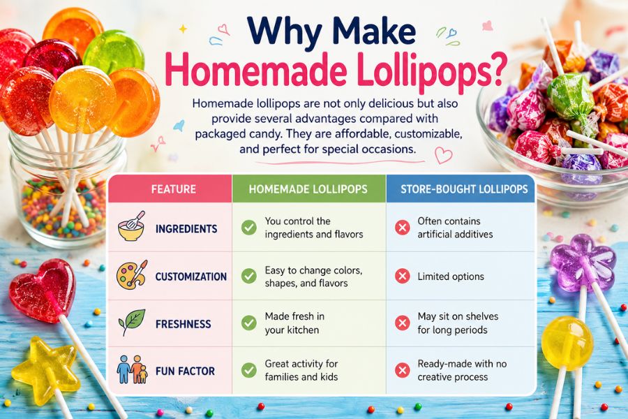 Homemade lollipops comparison showing benefits over store-bought candy including fresh ingredients, customization, and fun making process