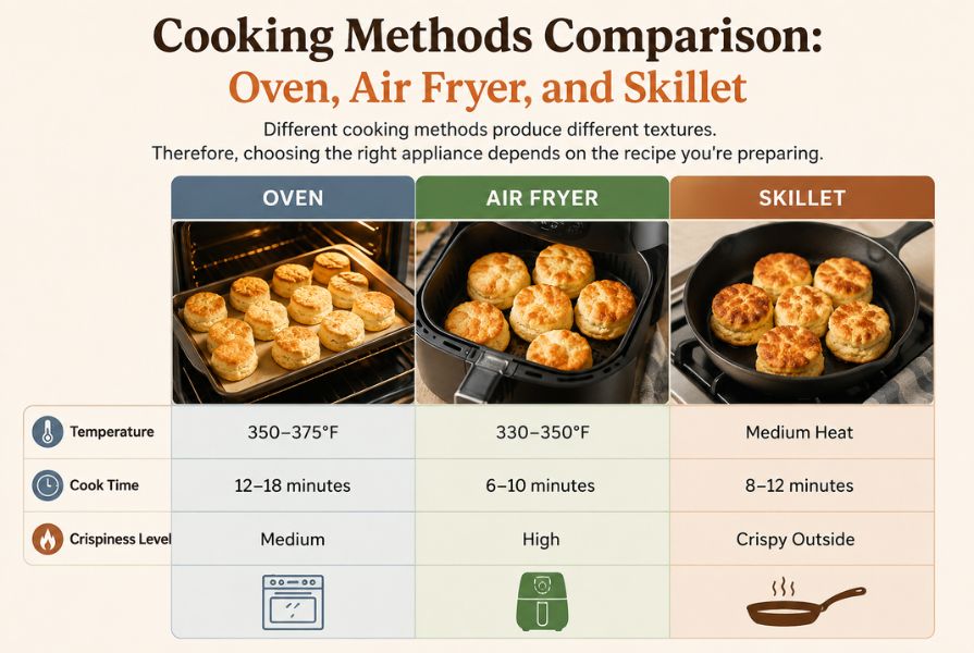 Cooking methods comparison showing oven, air fryer, and skillet for can biscuit recipes with temperatures, cooking times, and crispiness levels.
