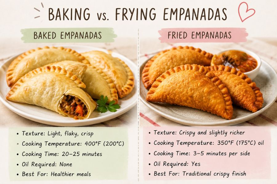 Baking vs. frying empanadas comparison with golden baked empanadas and crispy fried empanadas on serving plates.