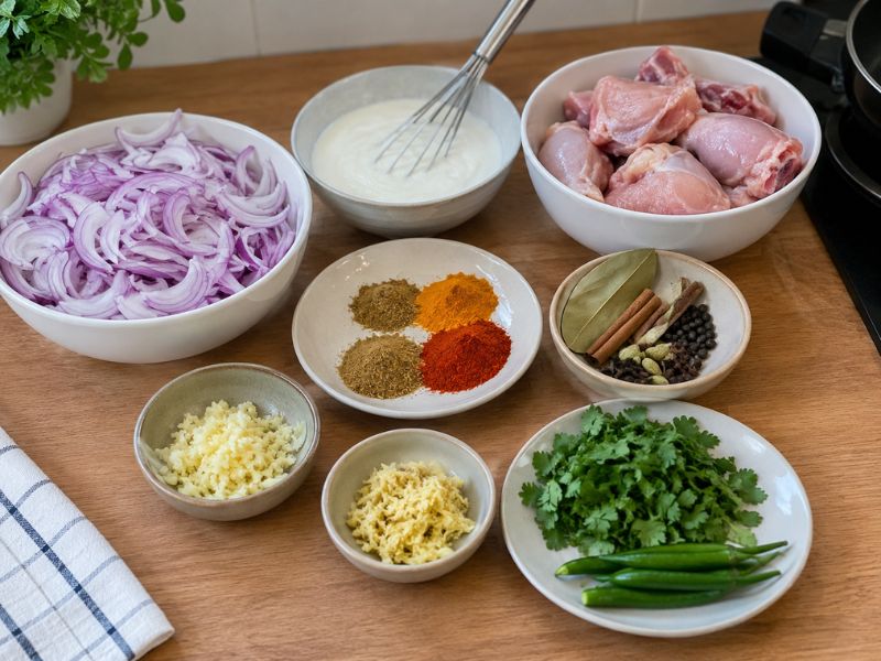 Chicken korma preparation ingredients arranged on a kitchen counter, including sliced onions, yogurt, raw chicken, ground spices, whole spices, ginger, garlic, green chilies, and fresh cilantro.