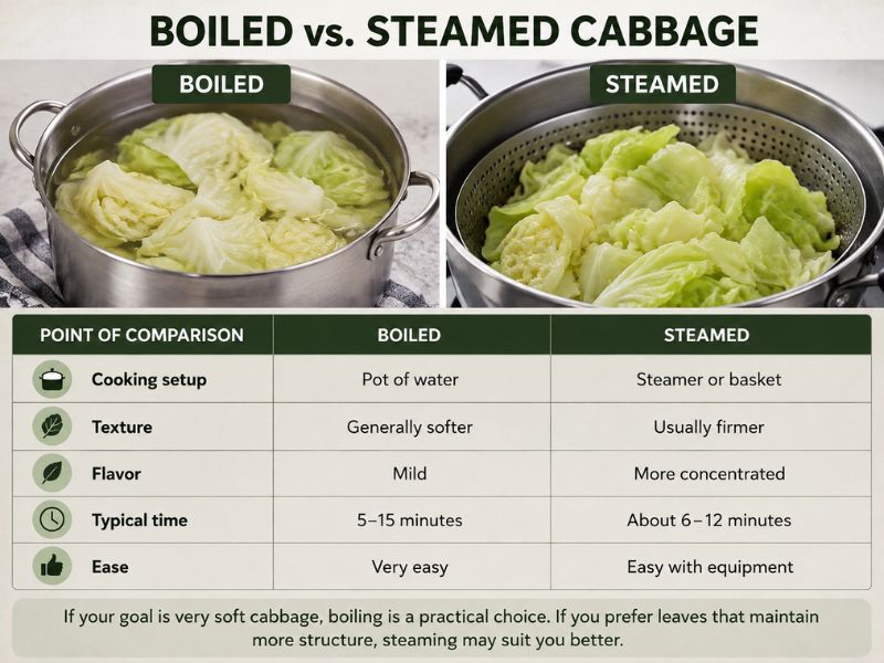 Boiled vs. steamed cabbage comparison showing cooking setup, texture, flavor, cooking time, and ease.